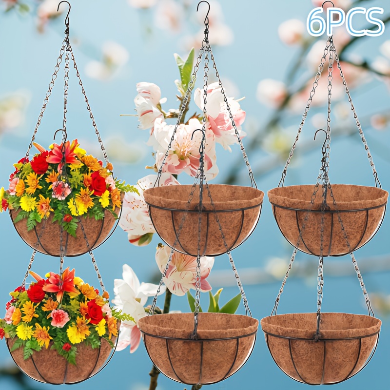TEMU Plant Hanging Basket (6 Pack, 10 Inch) Outdoor Hanging Planter Basket With Coconut Liner, Metal Stand And Hook Perfect For Patio, Porch, Garden,