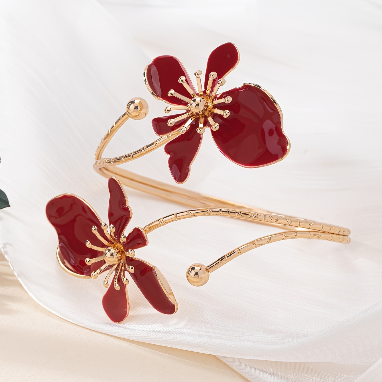 Floral Open Cuff Bracelet Red & Gold Iron Bangle