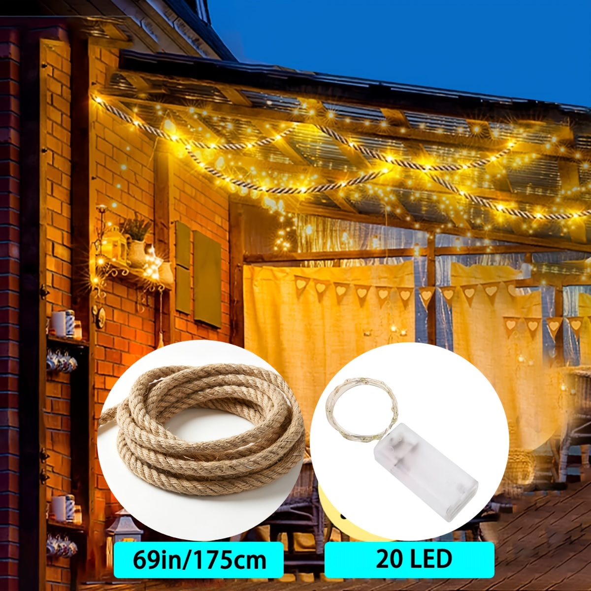 TEMU Warm Light 20-led String Lights (78.7in) With 69in Jute Rope, Battery Operated (batteries Not Included). Suitable For Bedroom Window And Wall
