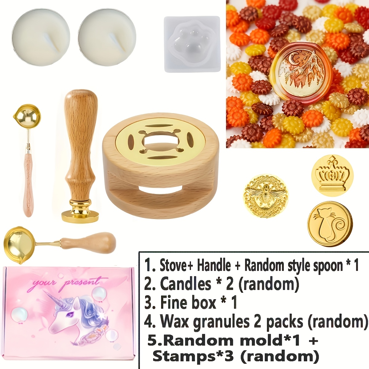 Image of Paint Seal Accessories Set With Paint Stove, Artistic Hand Account Seals, Solid Wood Handle Paint Wax Seal Head, Unique Shaped Beeswax Handle Full Gift Box