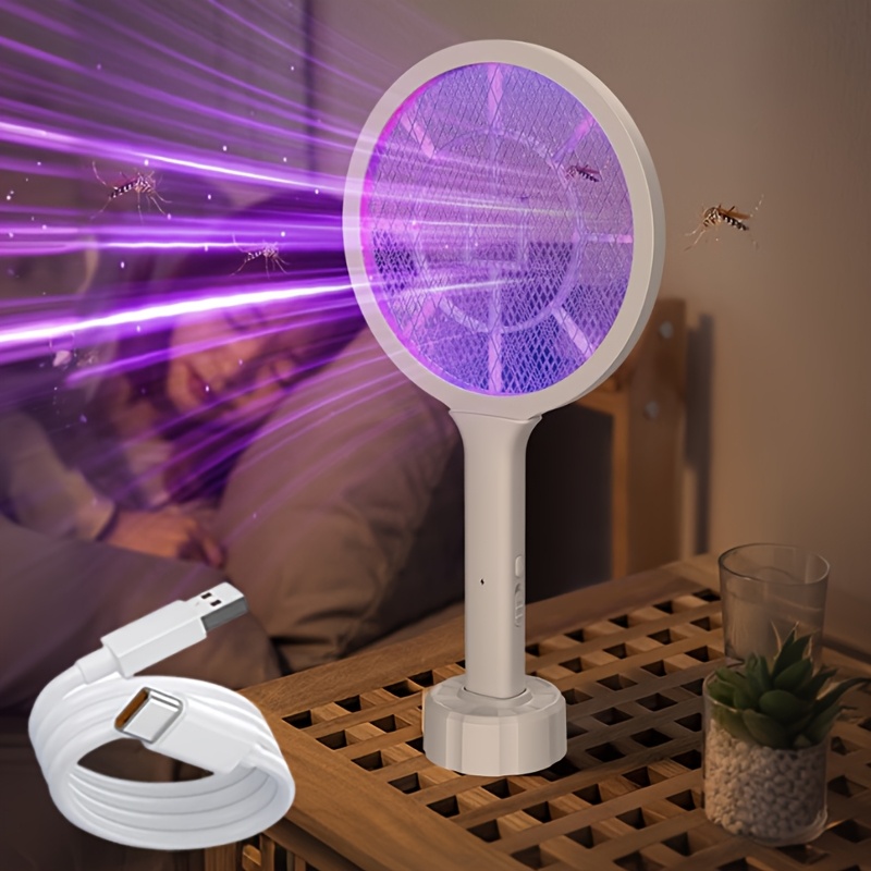 TEMU Handheld Electric Swatter Killer, Usb Charging, High-efficiency Vertical Insect Killer, Led Night Light With Base, Electric Shock Killer, Indoor