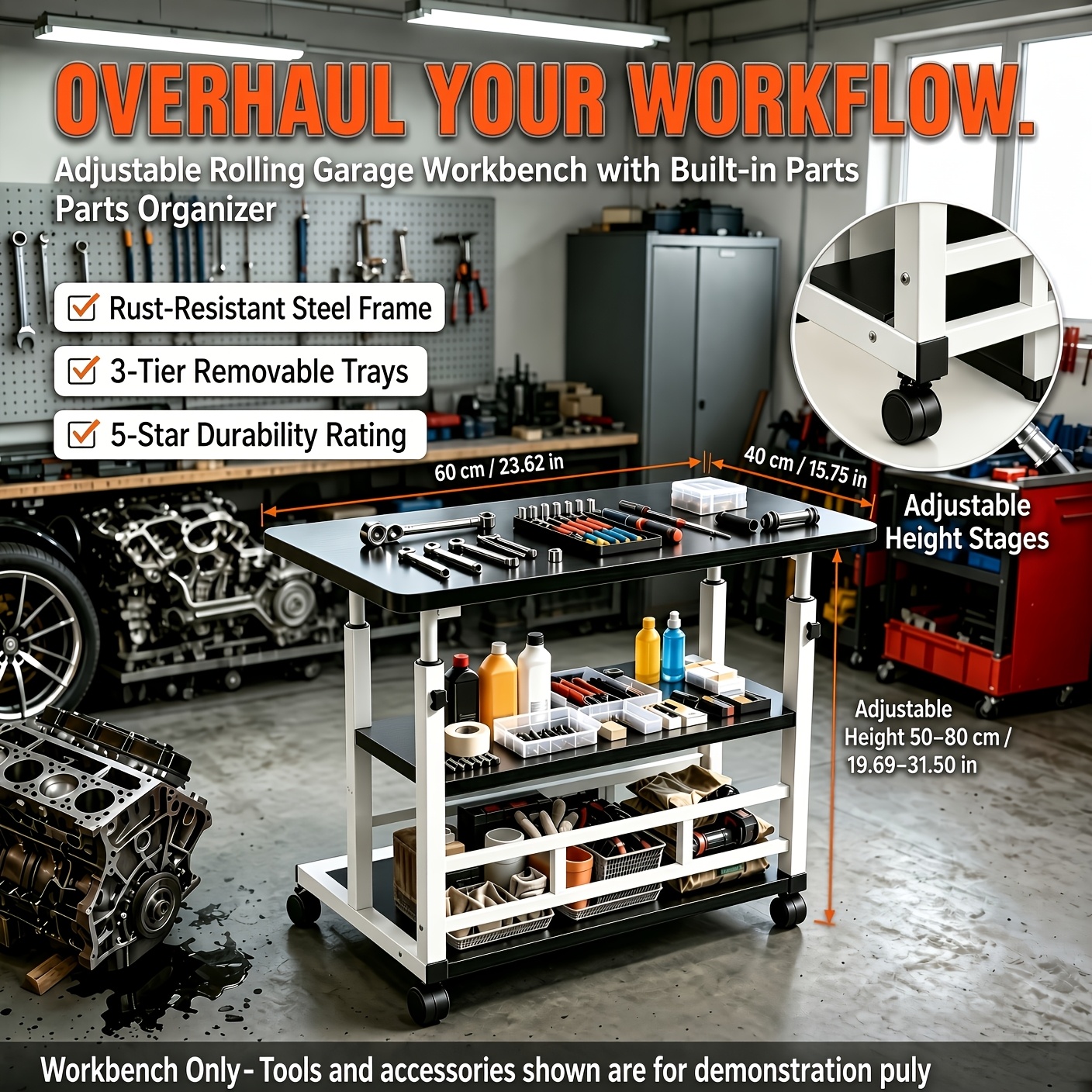 TEMU Heavy-duty Mobile Workbench, Multi-functional Height-adjustable Desk, For Garage Temporary Workbench, Height-adjustable Universal Caster Tool