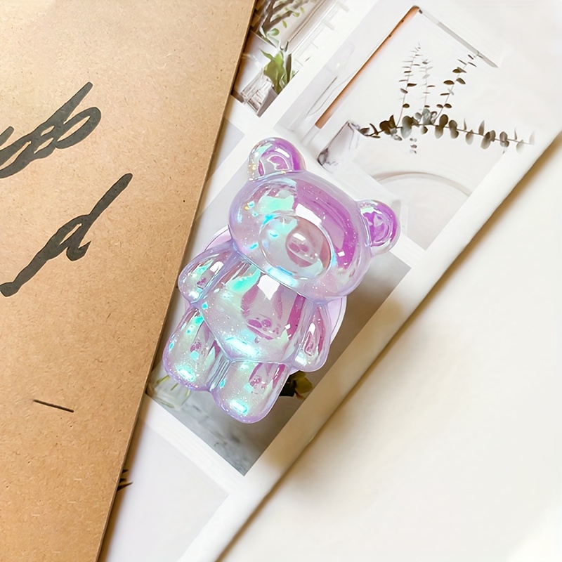 TEMU 1 support de téléphone portable Ours en peluche avec poudre flash laser, 3D, , couleur unie, support de téléphone de bureau
