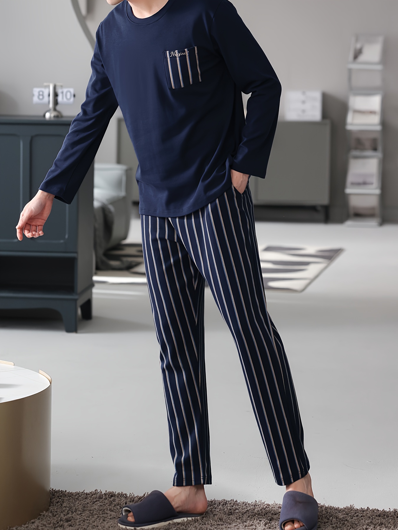 Men's Navy Blue Cotton Pajama Set - Long Sleeve, Crew Neck with Chest Pocket & Striped Elastic Waist Pants, Casual Comfortable Loungewear for Spring/Autumn, Plus Size Available, Plus Size Pajama Set