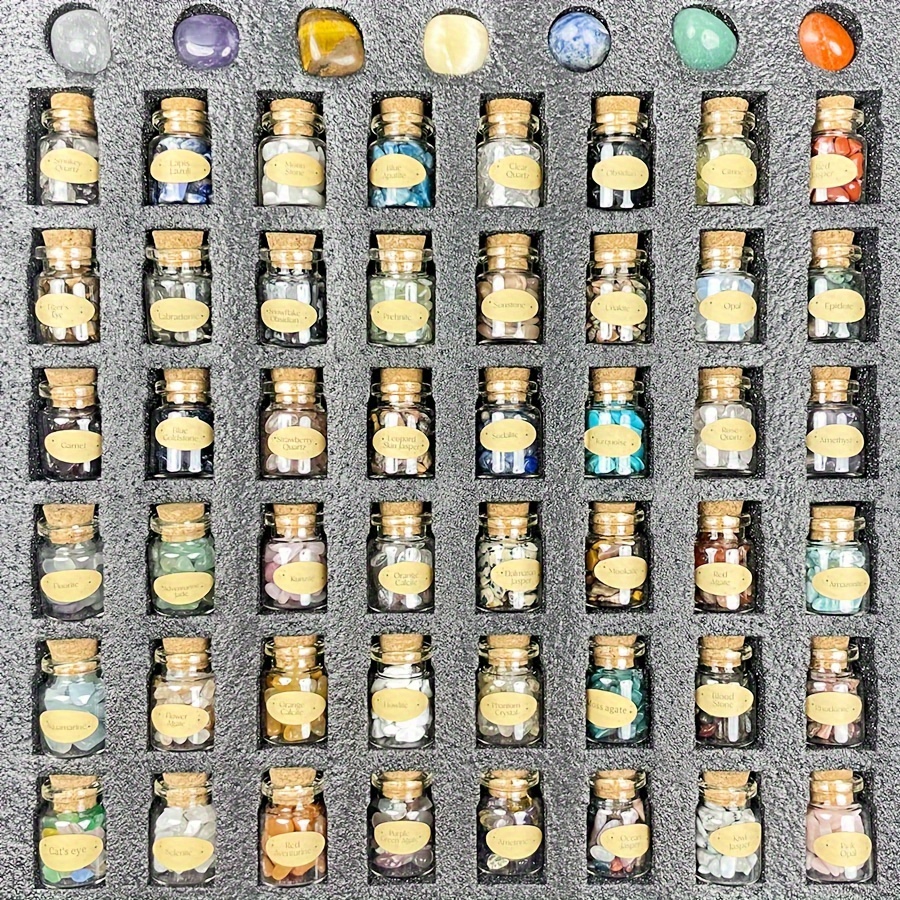 

55pcs Tumbled Stones Set, Mini Glass Wish Bottles With Cork , Assorted Kit For Shui Decoration, 7 Chakra Crystals Collection