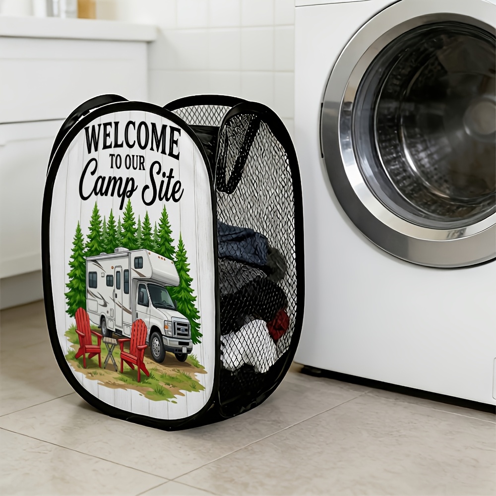 TEMU 1 panier à linge de grande - Style affiche de voyage rustique, pour camping, camping-car, camion, arbres, multi-composants , , de bain et à