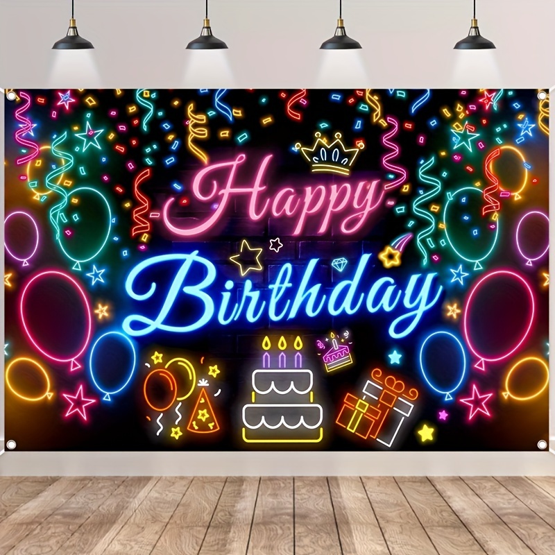 

1pc Neon Glow Happy Birthday Banner, Polyester Party Decoration Backdrop, Vibrant Balloon And Neon , Ideal For Birthday Celebration, Wedding & Bridal Shower – Power- Festive Decor