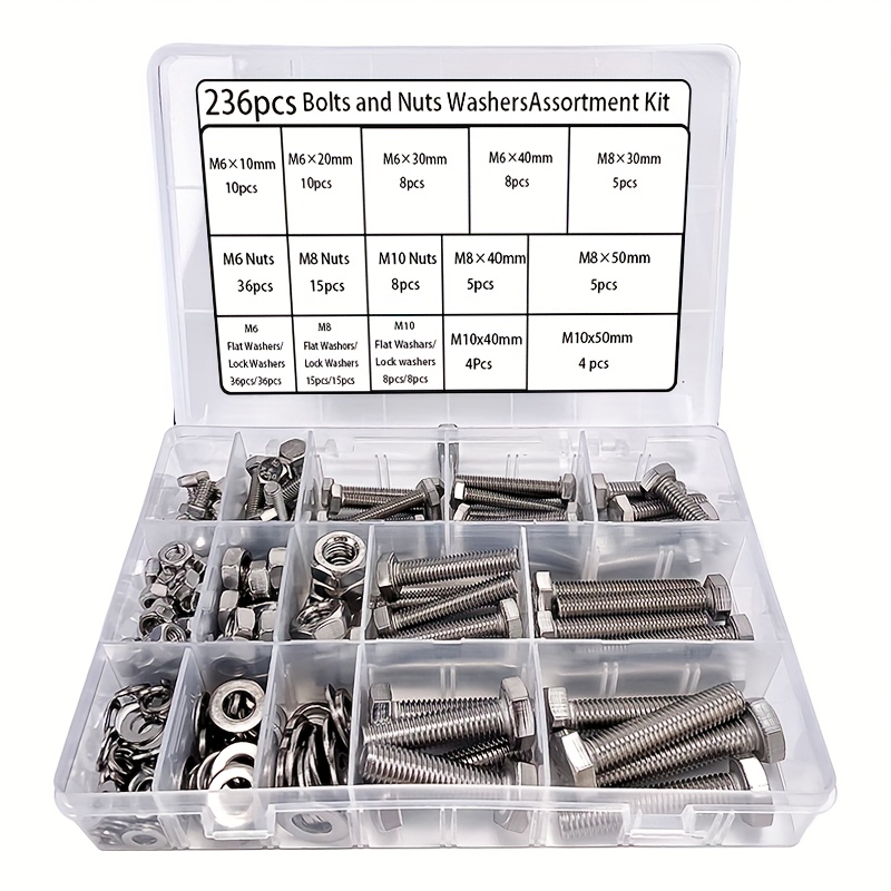 Image of 236pcs Stainless Steel M6 M8 M10 Heavy And Nut Assortment Kit, Metric Coarse Thread, With Nuts, Washers And Spring Lock Washers - Din933 /10.9, M6-m10, A2/a4 Marine Grade
