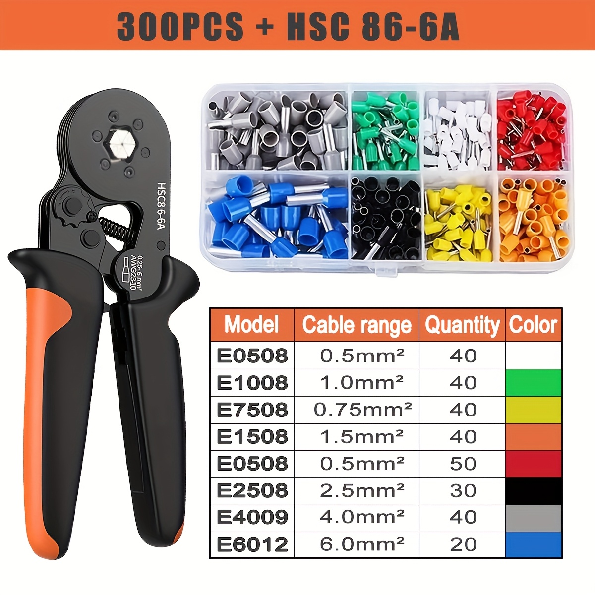 TEMU 300-1300pcs Ve Tubular Crimp Terminals Low Voltage With Hsc8 6-6a Crimping Tool Kit, Awg23-7 Self-adjustable Ratchet Wire Crimper Plier Set