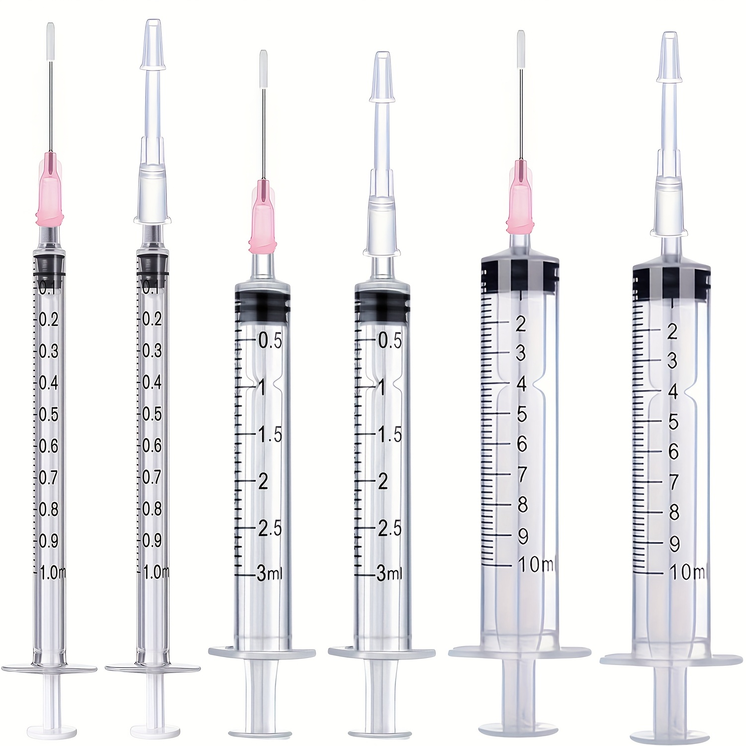 Image of 6 Sets Of Dispensing Syringes, With Pink Dispensing Needles And Needle Extenders, Multiple Sizes, Suitable For , Measuring, Scientific , Plant Watering, Liquid Transfer, Etc., Includes Caps