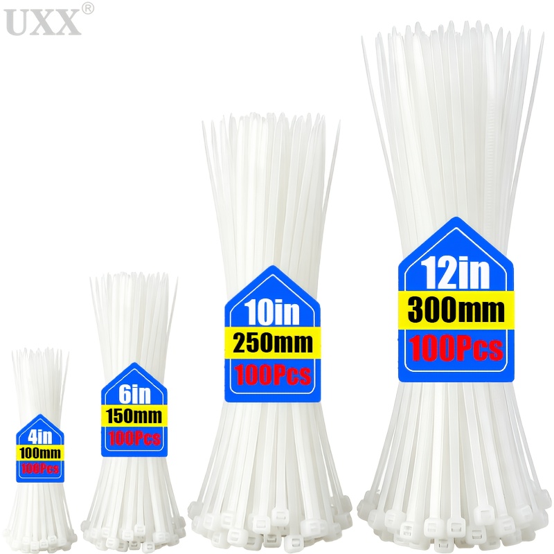 TEMU 400 White Nylon Cable Ties, Multiple Sizes: 100mm/150mm/250mm/300mm, High-strength Nylon Cable Ties, Nylon Cable Ties, Suitable For Home, Garden
