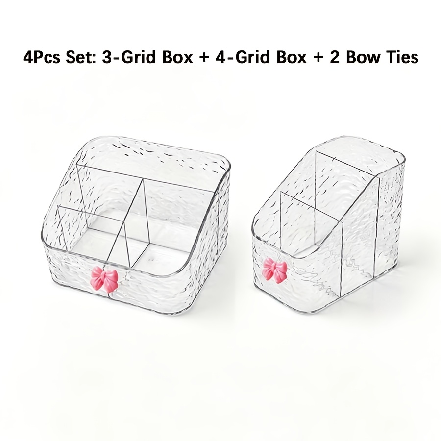 TEMU 4pcs Set Of Transparent Ripple Surface Desktop Storage Boxes, With 3-compartment And 4-compartment Cosmetic Organizers, Including Bow