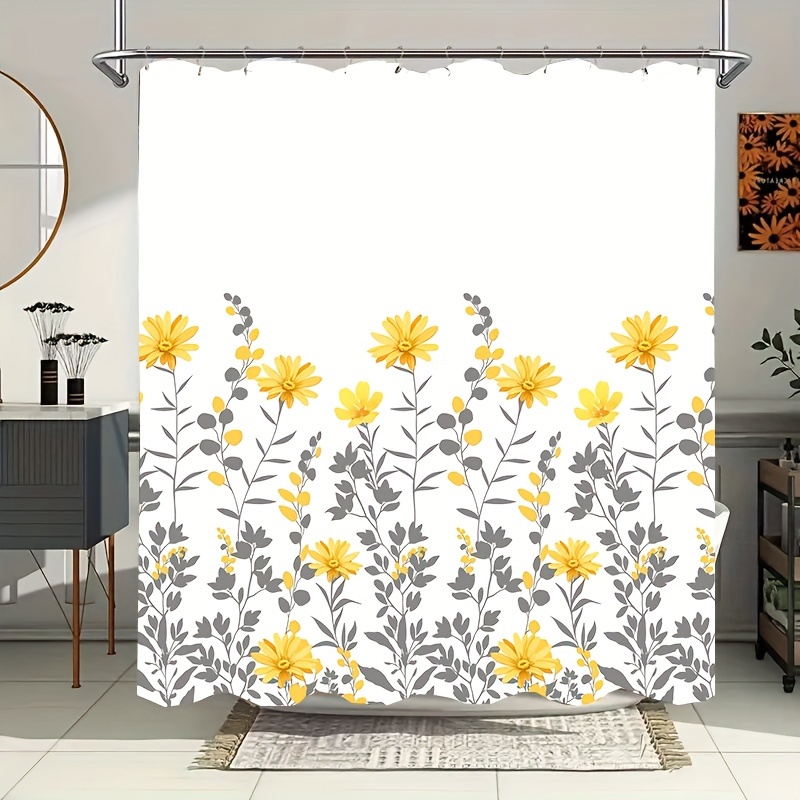 

1pc Water-resistant Yellow Floral Polyester Shower Curtain With 12 Hooks - Decorative Knit Fabric Bathroom Curtain, Wipe Clean, Fashion Accessory With Eyelets, Universal All-season Design