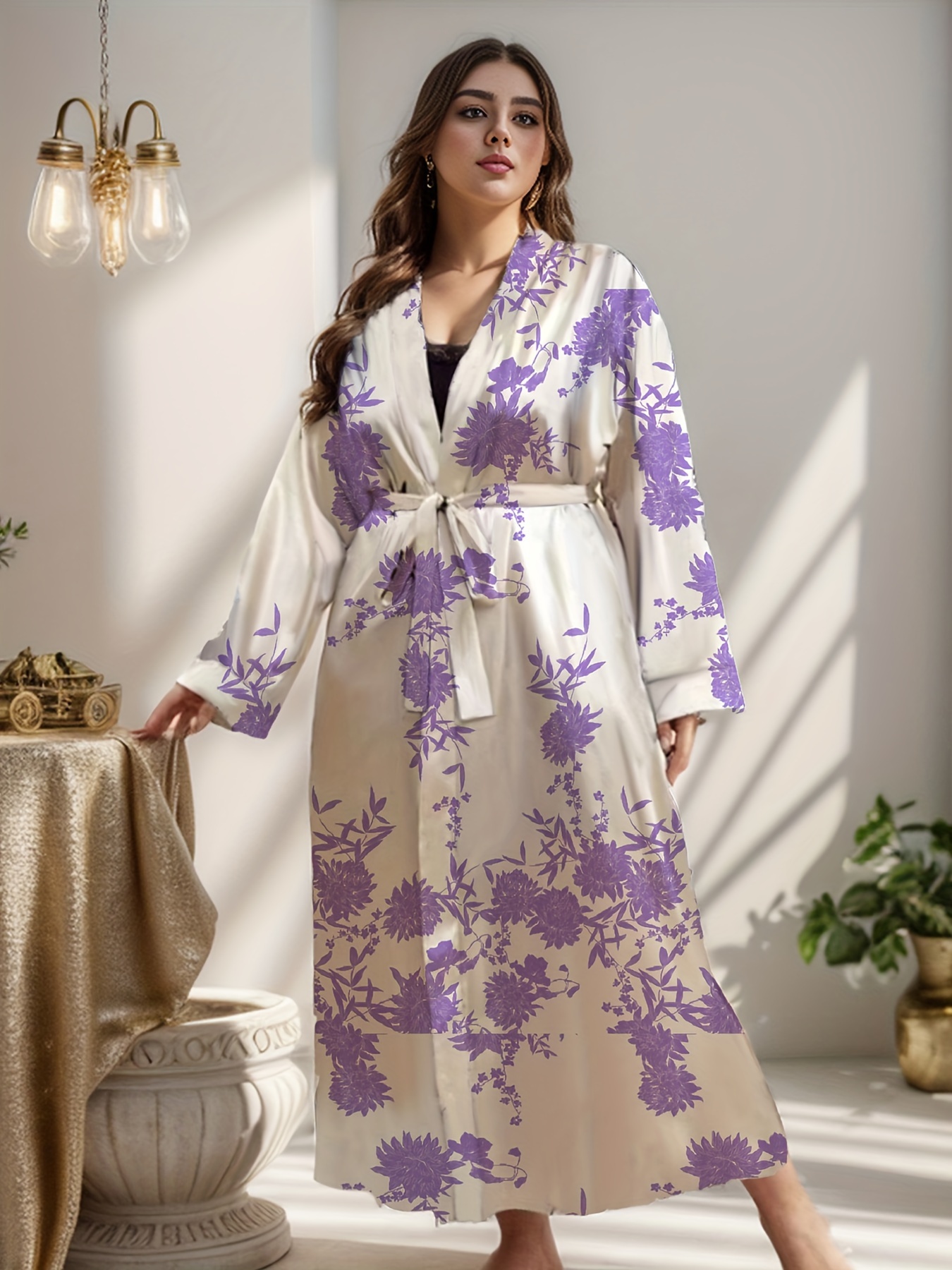 Women's Plus Elegant Lounge Robe Plus Size Satin Floral - Temu