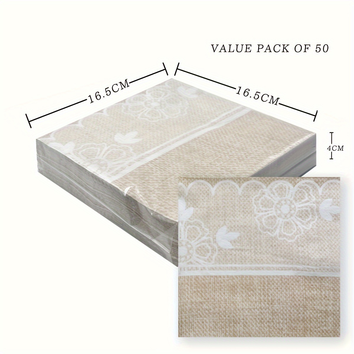 

50pcs/set, Vintage Linen Texture White Lace Dinner Printed Napkins 13*13inch, Birthday Wedding Tea Party Picnic Guest Paper Napkins, Restaurant Home Party Decoration Supplies, Virgin Wood Pulp