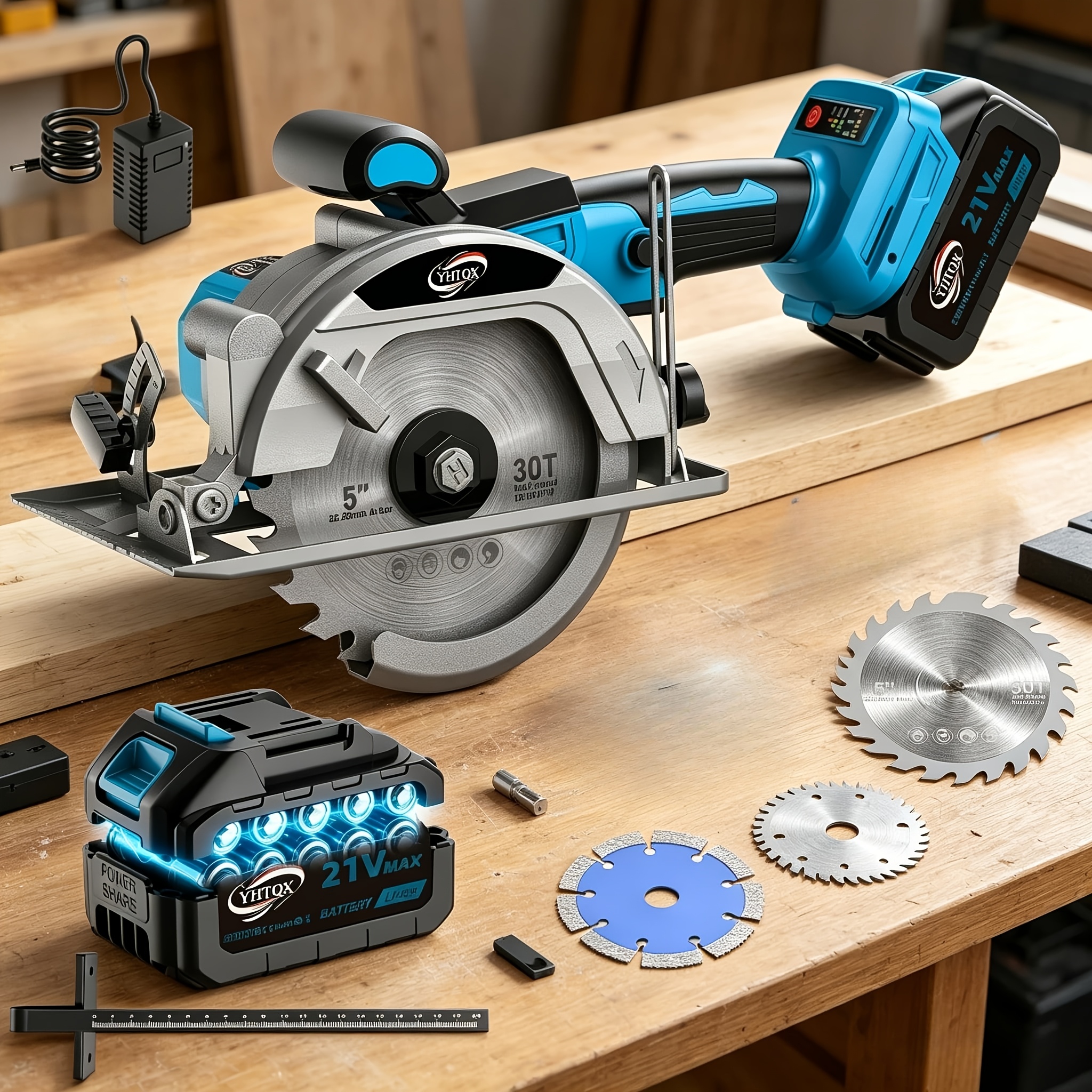 TEMU New Brushless Circular Saw Accessories Optional Compact Cordless Design, With Lithium-ion Battery, Charger And Saw Blades, Adjustable Cutting