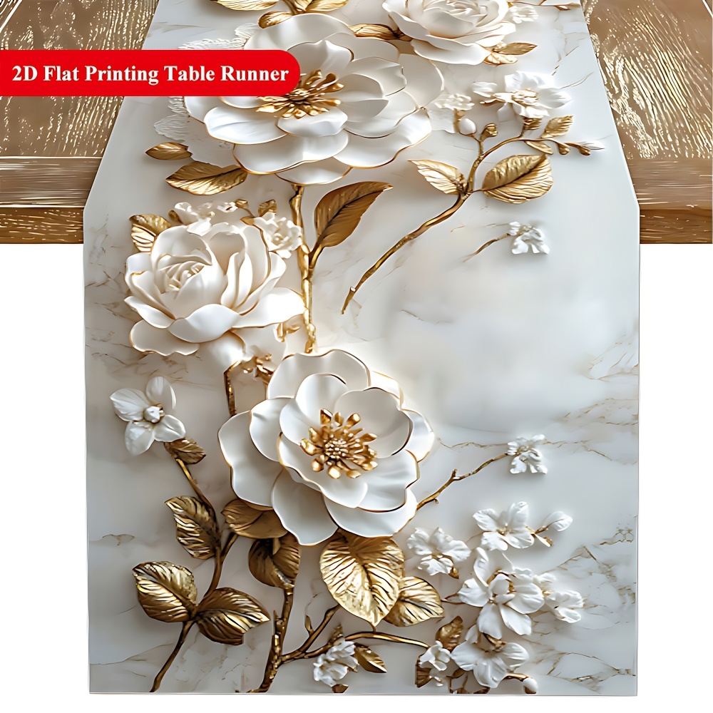 Elegant Marble Table Runner With White And Golden Branches - Intricate For Kitchen, Dining, Indoor/outdoor, Festive Decor, Polyester Material, Kitchen Decor