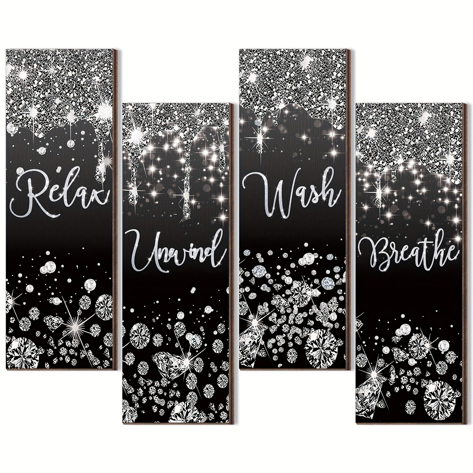 TEMU 4pcs Glitter Diamond Bathroom Wall Decor Wooden Relax Wish Breathe Wall Art Decor Black Silvery Shiny Hanging Bathroom Sign For Living Room Home
