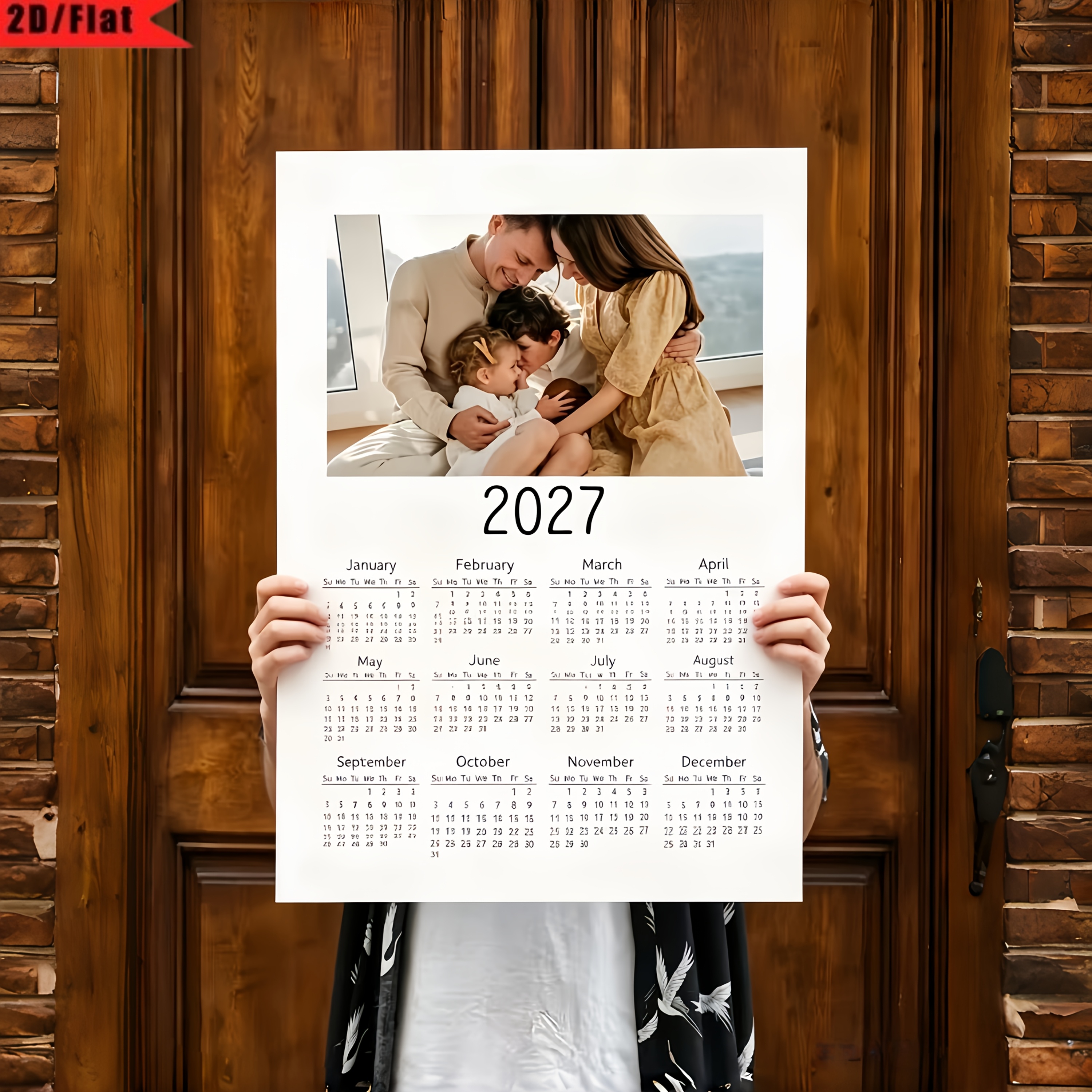 TEMU 2d Flat, 1pc Personalized Photo Calendar 2027 - Custom Family Wall Planner With Photo Frames Suitable For For Home Office Decor, Bohemian Style