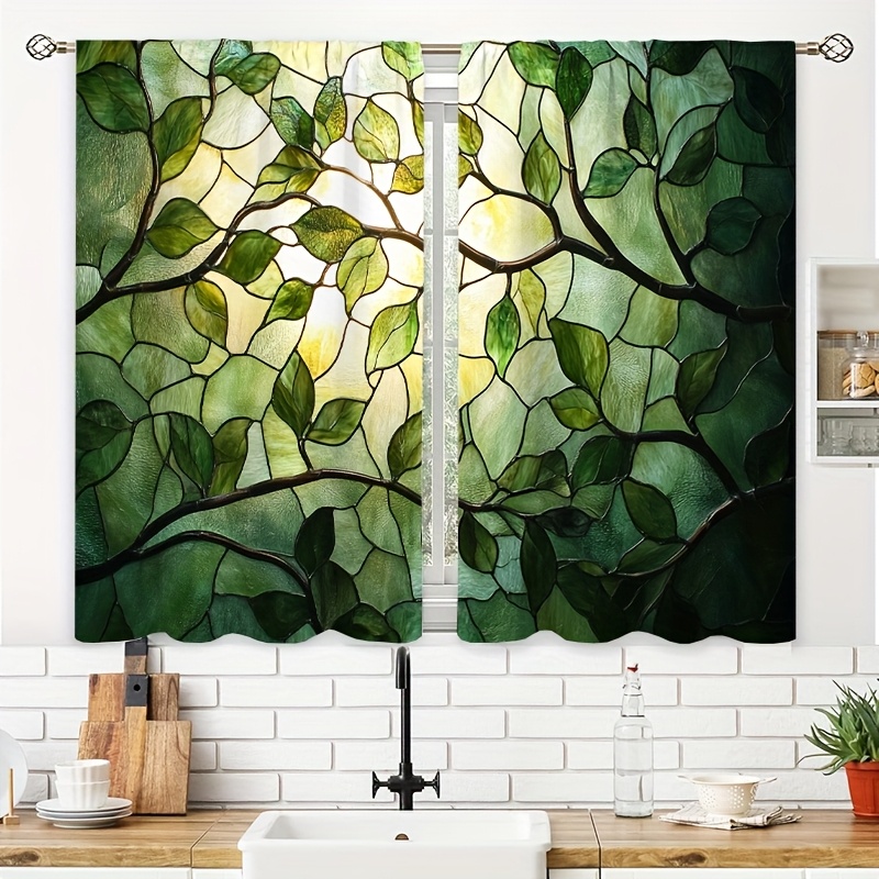 TEMU 2pcs Stained Glass Window Featuring Leaf Patterns Kitchen Printed Curtains Small Short Cafe Curtain Rod Pocket Bathroom Curtain Treatments Tiers