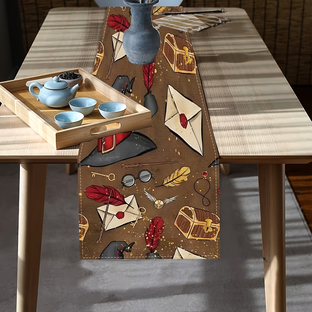 

Jit1pc, A Vintage-style Linen Table Runner - A Single Piece Featuring A And Wizard Theme, Beautifully Fabric, Party Decoration. For Halloween