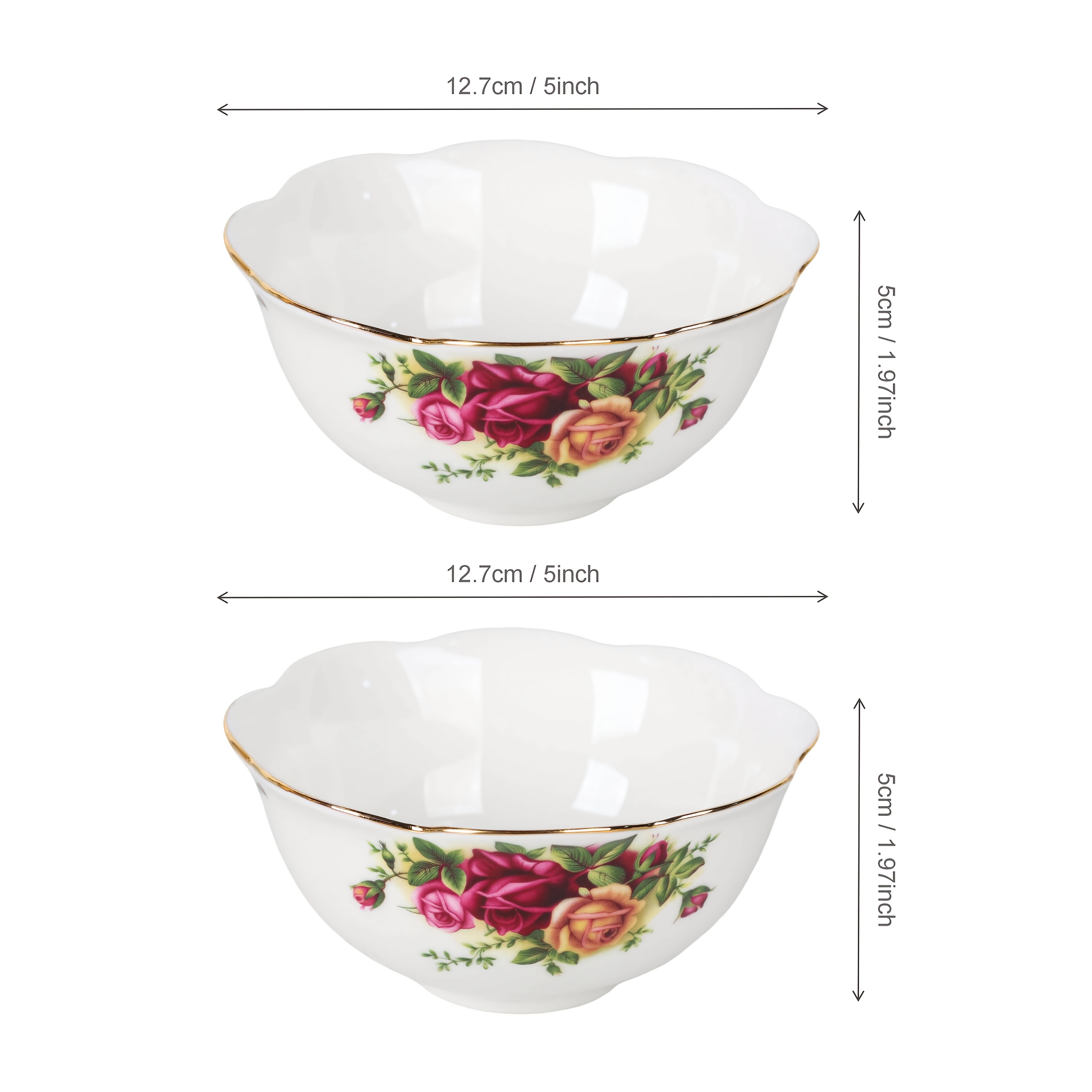 TEMU 2pcs Elegant Rose Petal-shaped Rice Bowls, 5-inch Vintage Blue Rose Ceramic Bowls With - Ideal For Oatmeal Yogurt, Nest Soup, And Rice