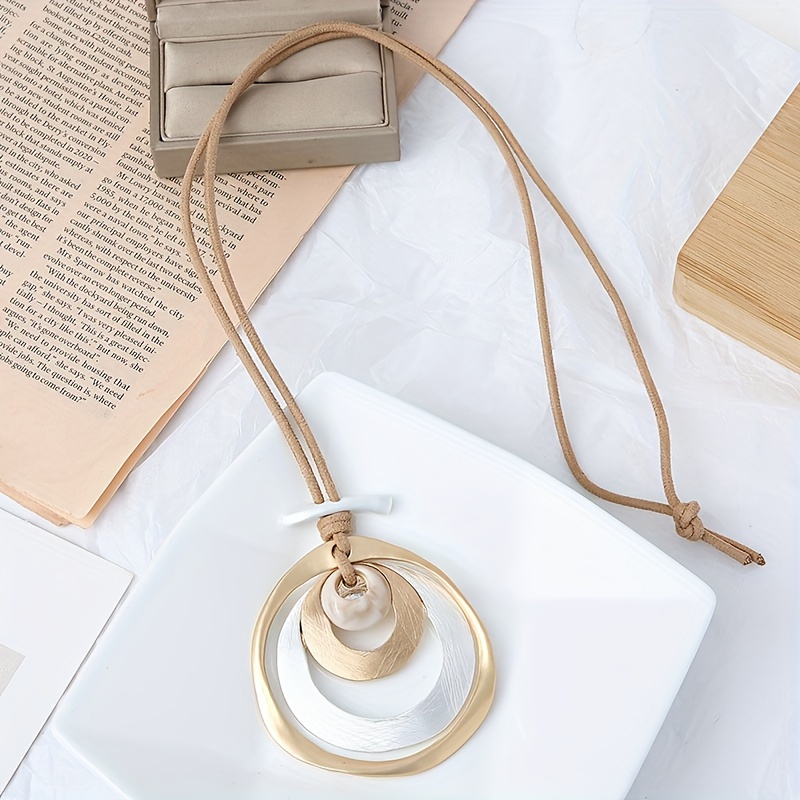 Image of 1pc Vintage Geometric Brushed Hollow Circle Pendant Necklace, Long Tassel Scarf Chain, Autumn Winter Women's Accessory
