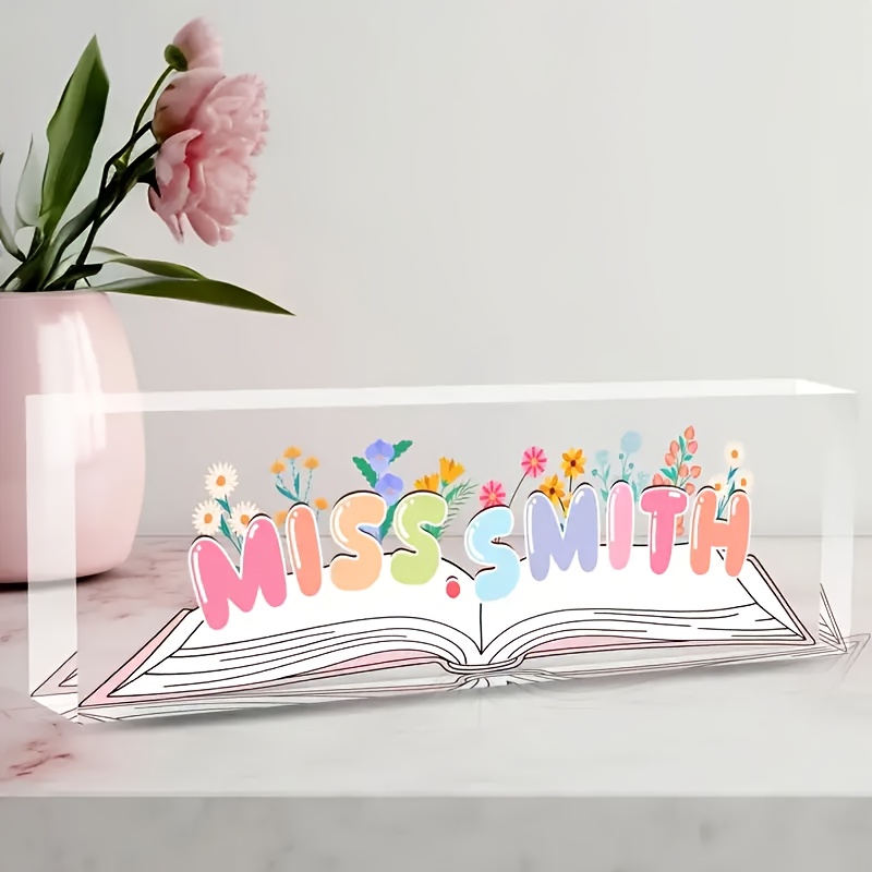 personalized acrylic teacher desk nameplate custom miss   design with colorful flowers clear   office decor ideal thank you gift for educators desk decorations for teachers