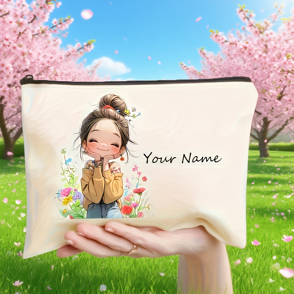 TEMU Personalized Cute Girl Floral Makeup Bag - Customizable Cosmetic Bag, Toiletry Bag And Pen Holder - Gift For Ladies, Mothers, Daughters, (graduation, Wedding, Holiday), , Pouch