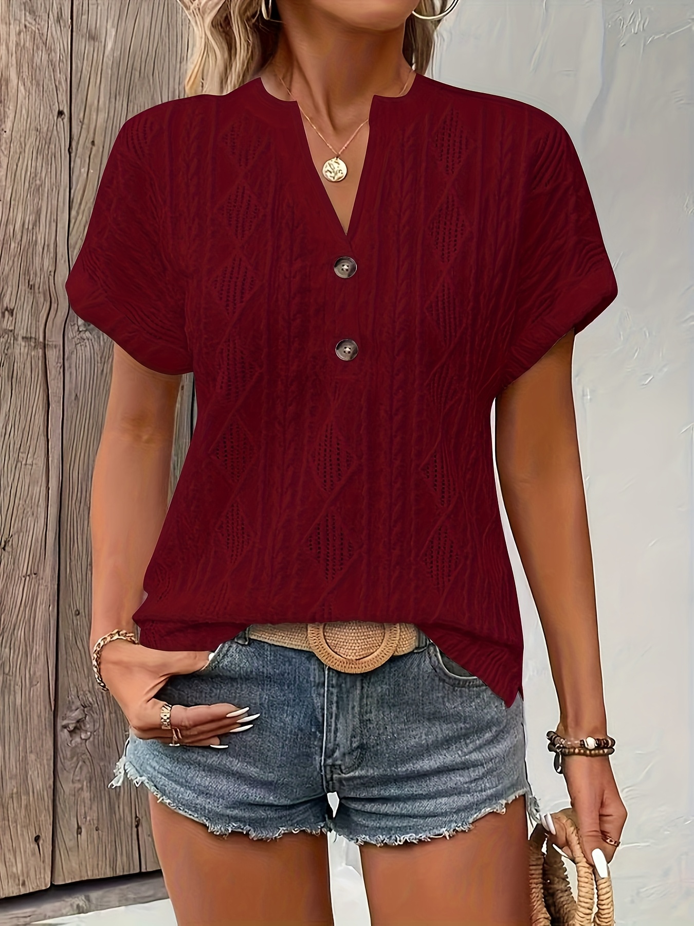 fashionable and elegant casual spring summer new arrival solid color textured fabric comfortable and breathable v neck batwing sleeve button short sleeve womens top shirt