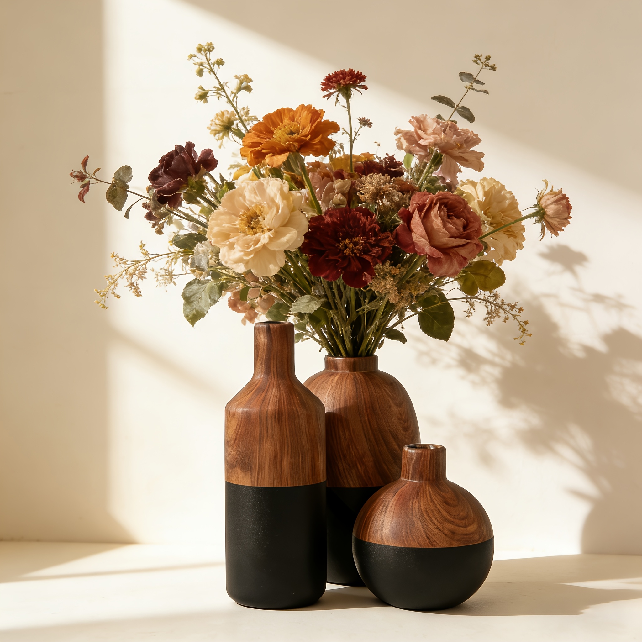 3pcs Wood Grain/Stone Texture Ceramic Vase Set Wabi-Sabi Decorative Flower Pot Ornament Japanese Rustic Style Desktop Home Resident B&B Soft Decoration Dried Flower Arrangement Floral Art All-Match Premium