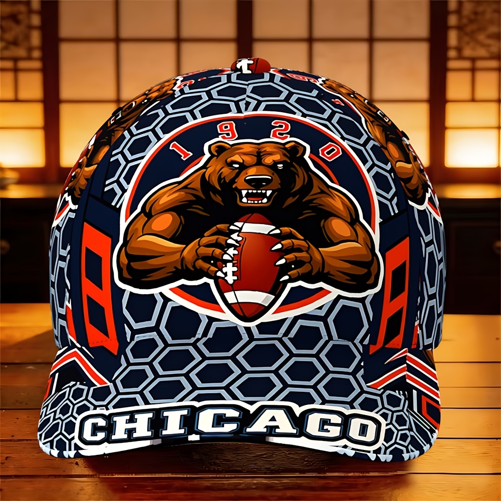 TEMU Navy Blue Graphic Baseball Featuring Bear Artwork, Geometric Honeycomb Pattern, 2d Flat Printing, 1pc, Fashion Daily Wear Bqm6569-1, Without
