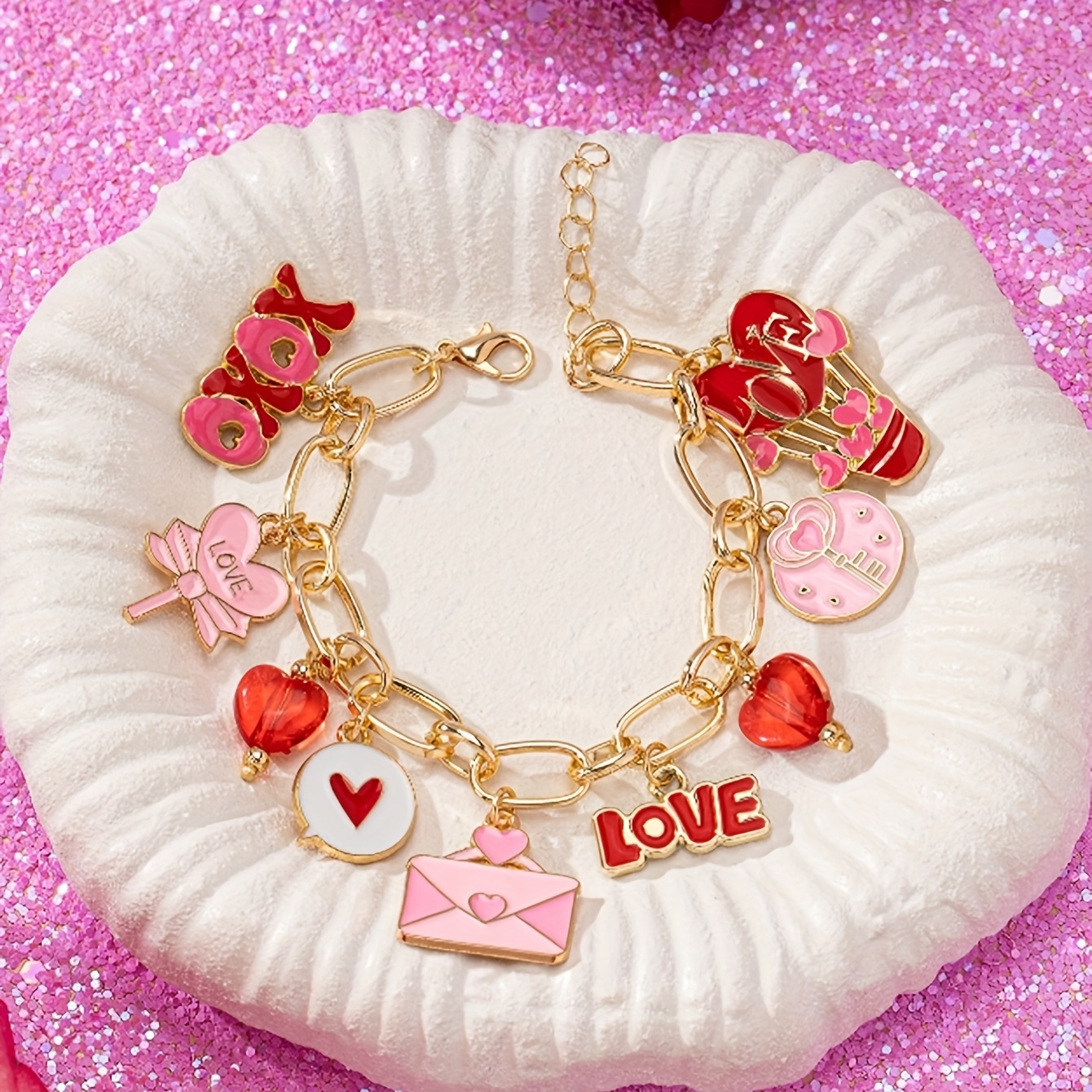 E-shop Rosa Emaille Damen Herz Anhänger Metall Armband, Handgefertigtes Valentinstags Romantisches Herz Armband Schmuck, Stück Geschenk, Ehefrau