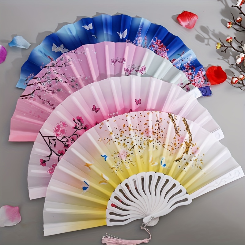 

12pcs Vintage Style Handheld Folding Fans, Fabric Shade, Floral Design, Elegant Chinese/japanese Retro Hand Fan For Dance Performance, Photoshoots, Summer Cooling, Princess Fan Party Favors