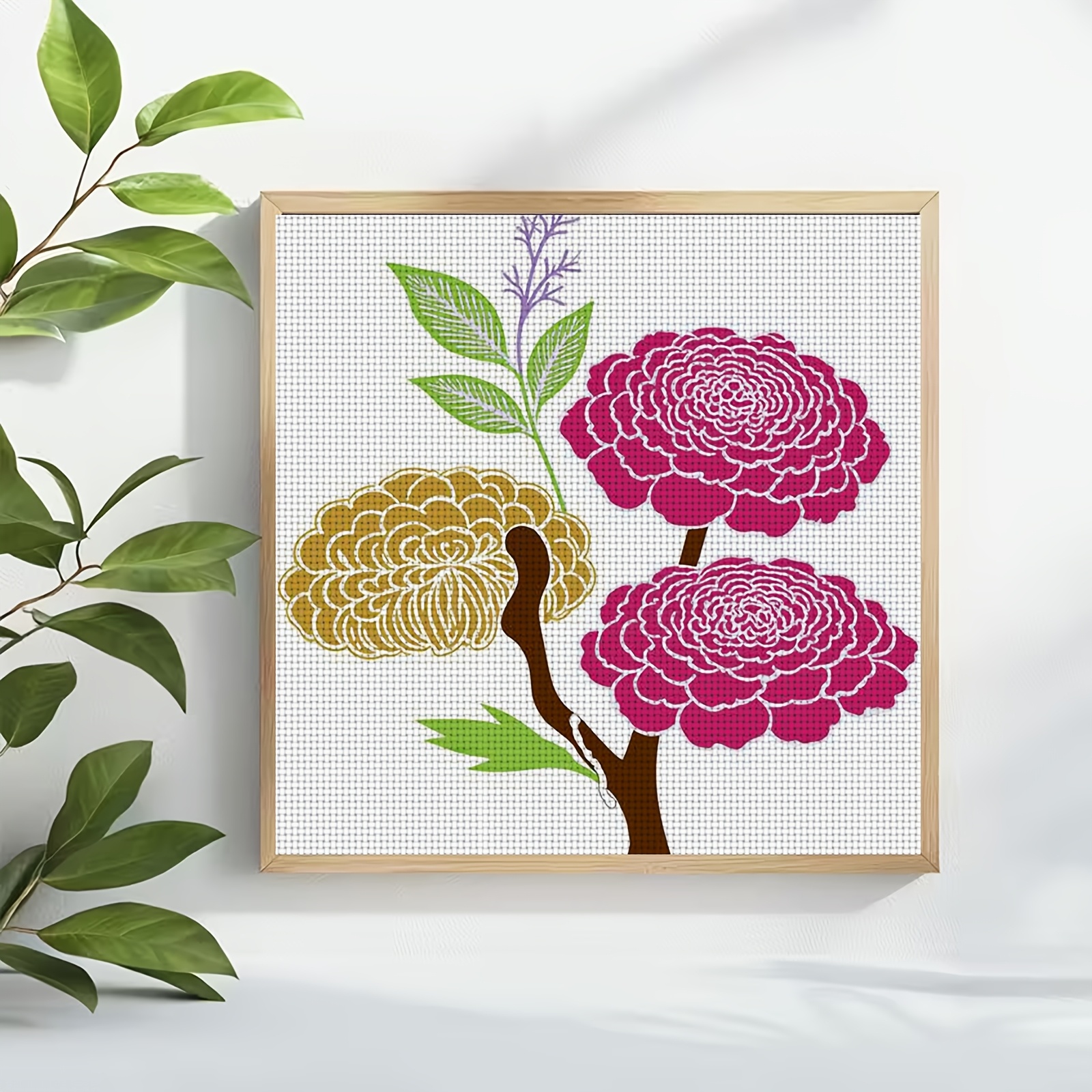 DIY Cross-Stitch Printed Kit, Unframed Three Flowers Illustration Pattern