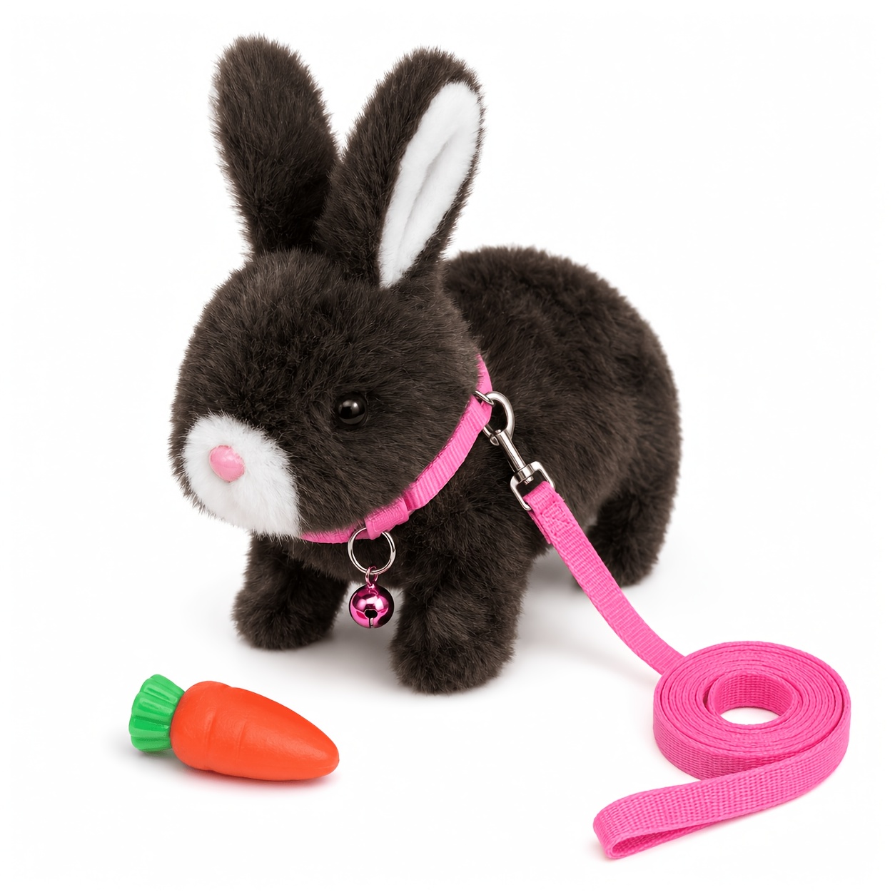 TEMU Interactive Electric Walking Bunny Toy Suitable - Realistic Plush Rabbit With Moving Carrot Prop, Pink Leash & Collar, Dark Brown Stuffed Animal