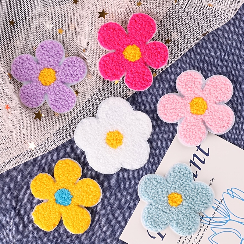 TEMU 1 Set Of 6 Multi-colored Chenille Plush Sunflower Applique Embroidery Cloth Patch Embroidered Badge Label Clothing Apparel Additions, Cartoon