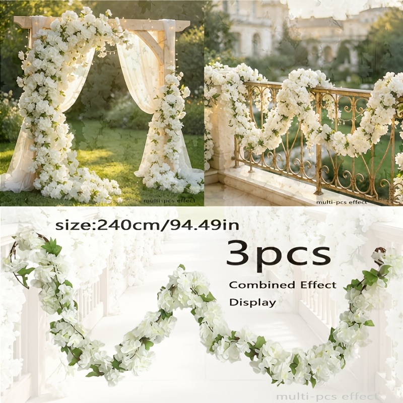 TEMU 3pcs, Total Length 720cm/283.47 Inches Artificial White Cherry Wreaths, Garlands Hanging Cherry Blossoms And Vines, Suitable For Wedding Arches,