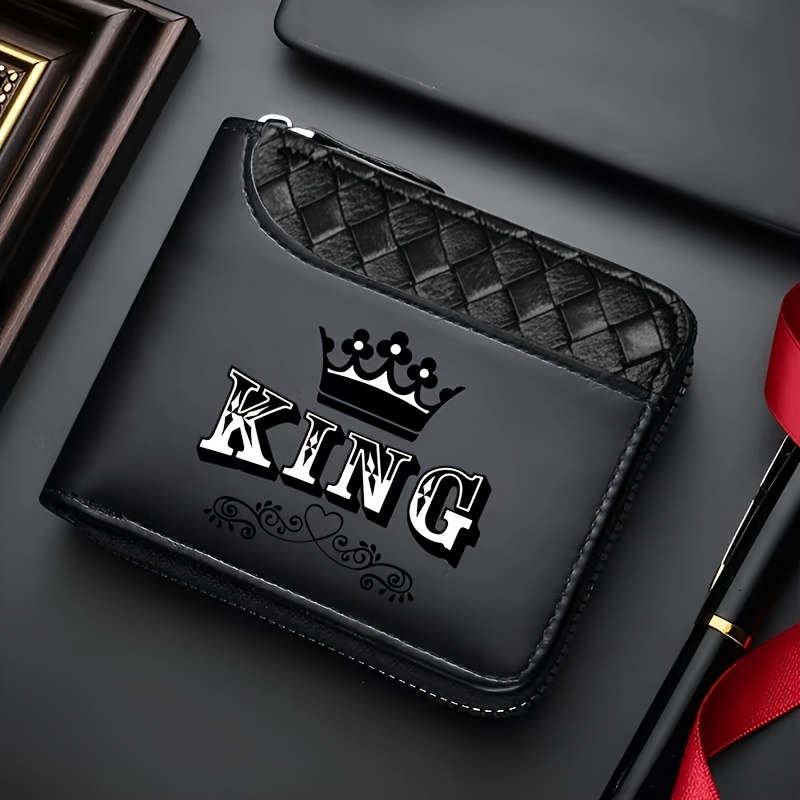 TEMU 2026 Crown Print Men's Zipper Wallet, Rhombus Pu, Multi-card Slot, Large Capacity, Coin And Id Integrated Short Wallet, Practical Gift For Men,