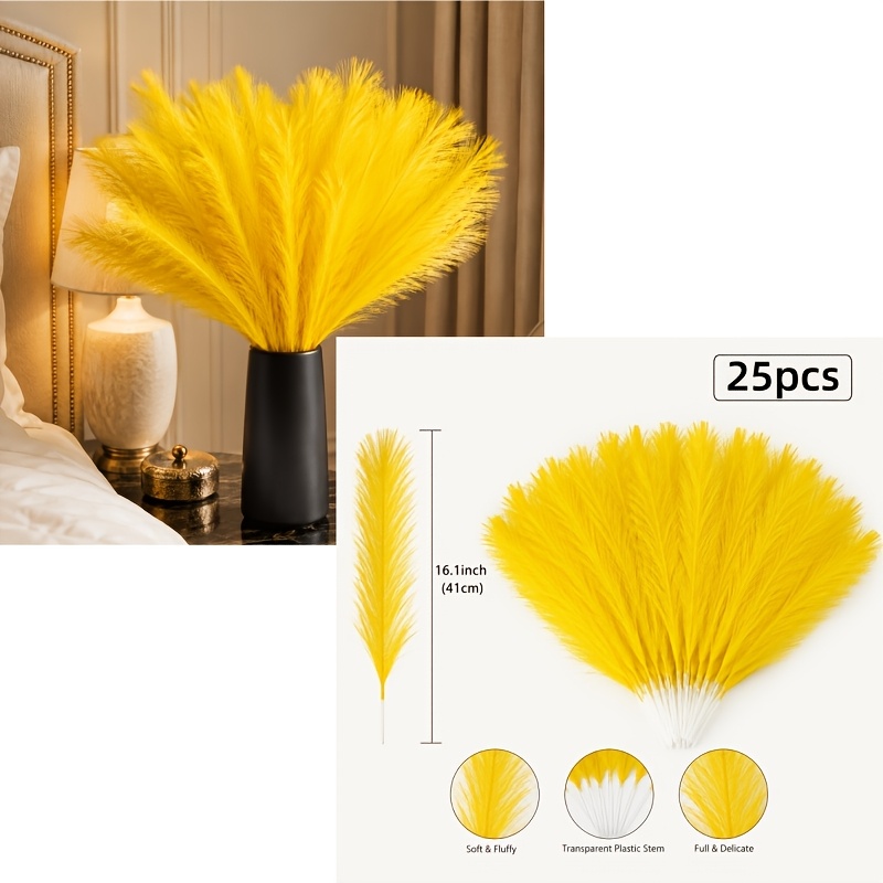 TEMU 25pcs Yellow Artificial Feather Reed Bouquet, Nordic Style Soft Reed Decoration, Transparent Plastic Stem Artificial Flowers, Suitable For Vase