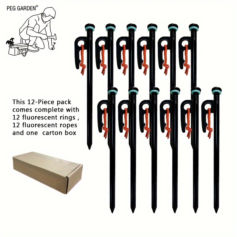 Image of Tent Stakes Set, 6/12pcs 8inch Heavy Duty Metal Tent Stakes + Fluorescent Rings + Camping Ropes + , Heavy Duty Tent Stakes Tarp Pegs, Camping Accessories For Ground, Camp And (black)