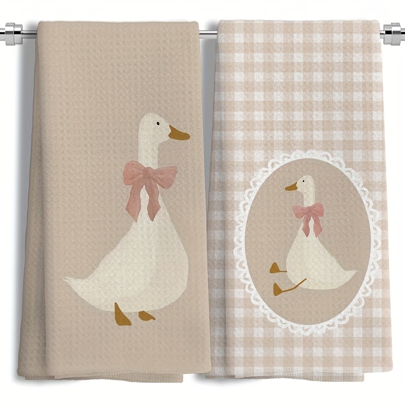 TEMU Cleaning Cloth 2pcs Kitchen Towels, Brown Checkered Goose Print Cleaning Cloth, For Cooking And Baking, Machine Washable, Reusable, Hand Towel,