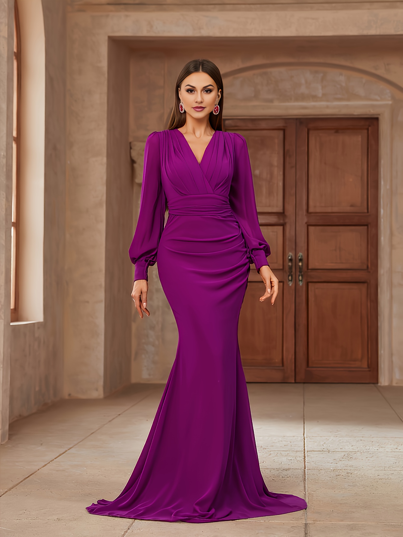 open lace back dress Ethereal Purple Chiffon A-Line V-Neck Long Evening Dresses with Flowers main image 0