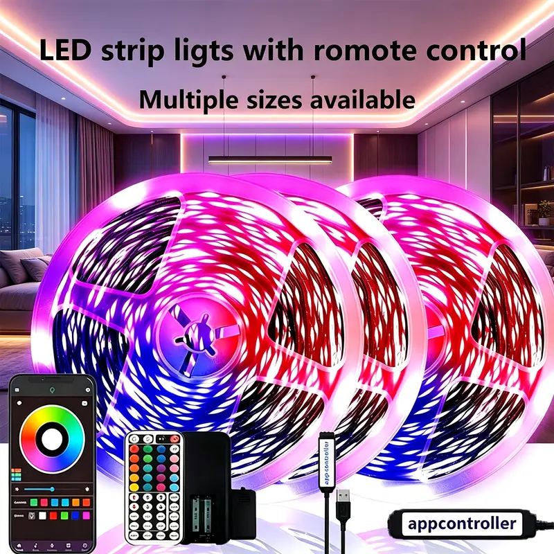 * LED Streifen Lichter, APP und Fernbedienung unterstützte RGB Lichtleiste, Multi-Größe * für Zuhause, Schlafzimmer LED Beleuchtung, flexible Farbwechsel Lichtleiste, 44-Tasten Fernbedienung RGB