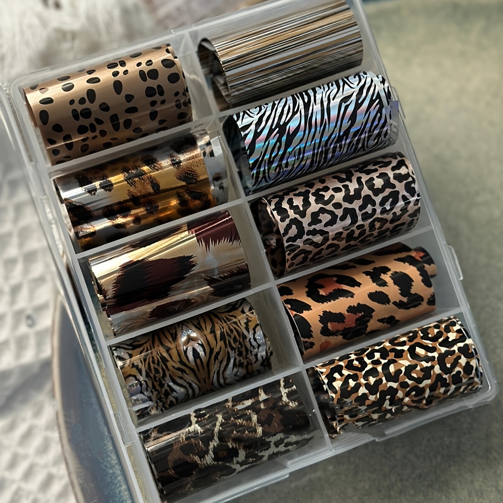Image of 10pcs Leopard Print Nail Art Foils Transfer Stickers - Leopard Snake Print Nail Foils Decals Nail Supplies, Laser Starry Manicure Additions For Women Fall Nail Art Decorations