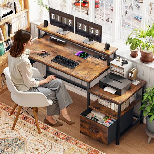 57 office desk with drawers and printer space computer desk with power outlets home office desks with file drawers cabinet study and gaming desk with shelves monitor stand rustic brown