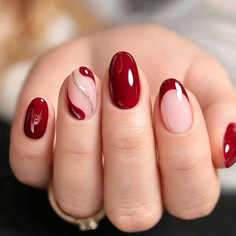 TEMU Wine Red French Tip Swirl Nude Short Oval Press On Nails