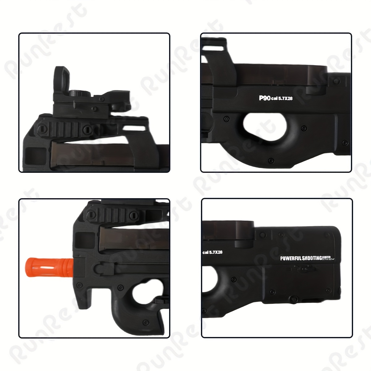 RUNNERGERT P90 Submachine Gun Toy - Electric Continuous Fire, Soft Plastic Bullets, USB Rechargeable Battery, Black with Orange Accents, Ideal for Halloween & Christmas Gifts, Toy Gun