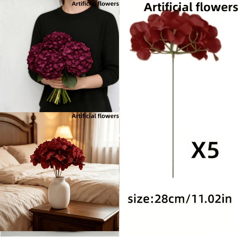 TEMU 5 Stück Burgunderfarbene Künstliche Hortensien, Größe: 28 cm/11.02 Zoll, mit Drahtstiel | Geeignet für Hochzeitssaison, /Party, Muttertag,