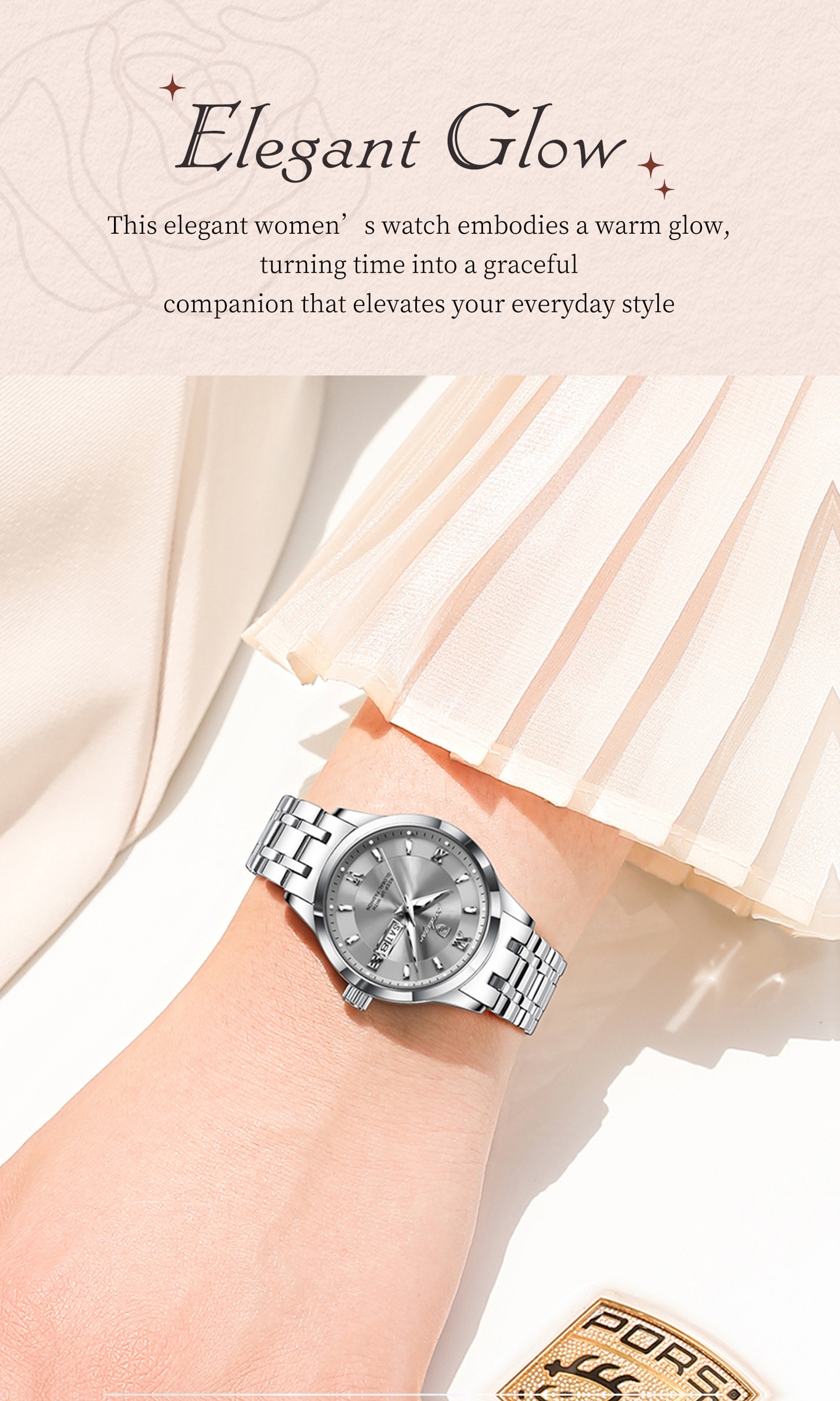 Ladies' Vintage Elegant Steel Strap Watch, Stainless Steel Quartz Wristwatch, Luminous Weekly Calendar Watch for Women